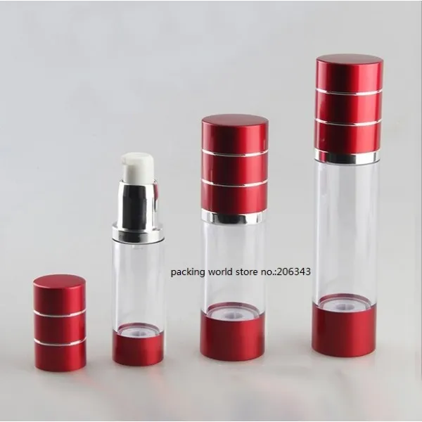 Bouteille de pompe sans air en plastique rouge/aluminium 15 ML pour lotion/émulsion/sérum/essence liquide blanchissant soins de la peau emballage cosmétique