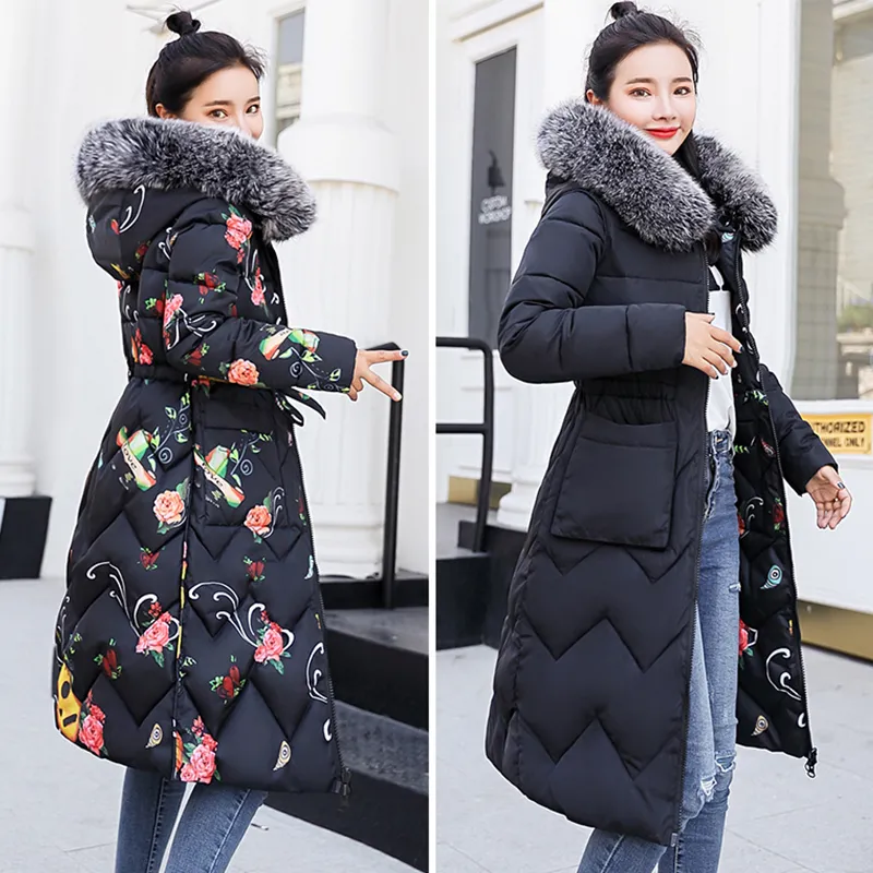 Haute qualite femmes veste d hiver Double deux cotes impression dames manteau coton rembourre chaud mince femme Parka 210203