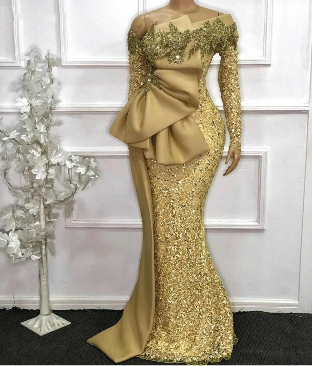 Elegant African Gold Lace Mermaid Formal Evening Dresses For Women 2022 Appliques Beaded Long Sleeve Fashion Ruched Special Occasion Gowns Prom Pageant Dress