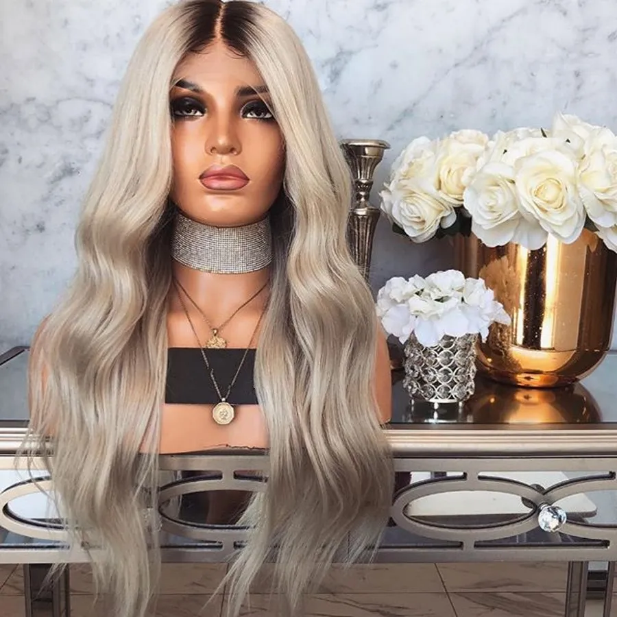 Lace Front simulation Human Hair Wigs Brazilian Body Wave Bleached Knots 150% Density Ombre Grey synthetic lace wig For Women