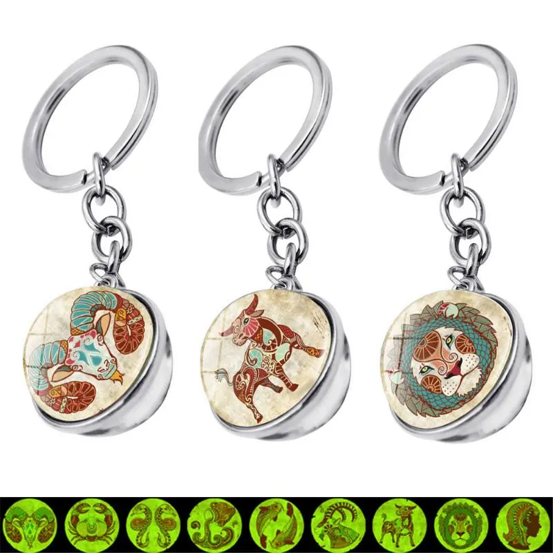 Schlüsselanhänger, die im Dunkeln leuchten, 12 Konstellationen, Sternzeichen, Schmuck, doppelseitiger Cabochon-Glaskugel-Anhänger für Schlüssel, Geschenke