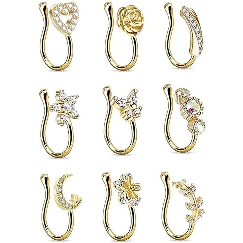 9 stks / set Crystal Butterfly Fake Neus Ring Non Piercing Clip op IndianStyle Hart Manchet Nariz Sieraden 220224