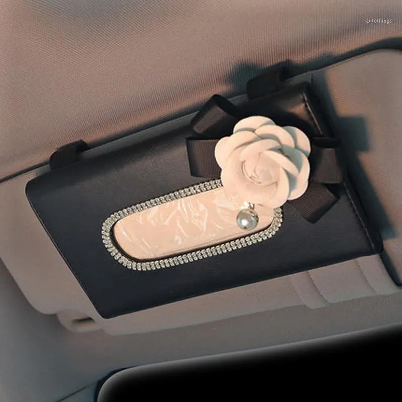 Camellia Crystal Rhinestone Car Sun Visor Tissue Box Holder Leather Flower Interior Paper Towel Storage Bag Accessories1