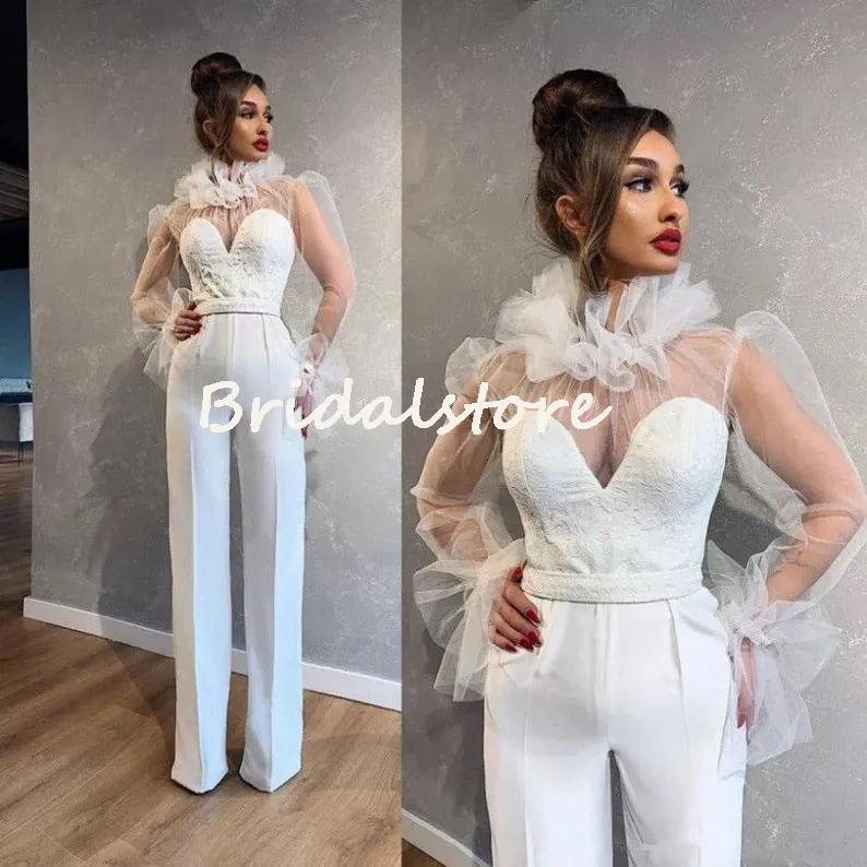 Arabisch wit jumpsuit boho trouwjurk 2022 illusie lange mouwen plus size strand trouwjurken met kant satijnen pantsuit vrouwen bruidsjurken gewaad de Mariée