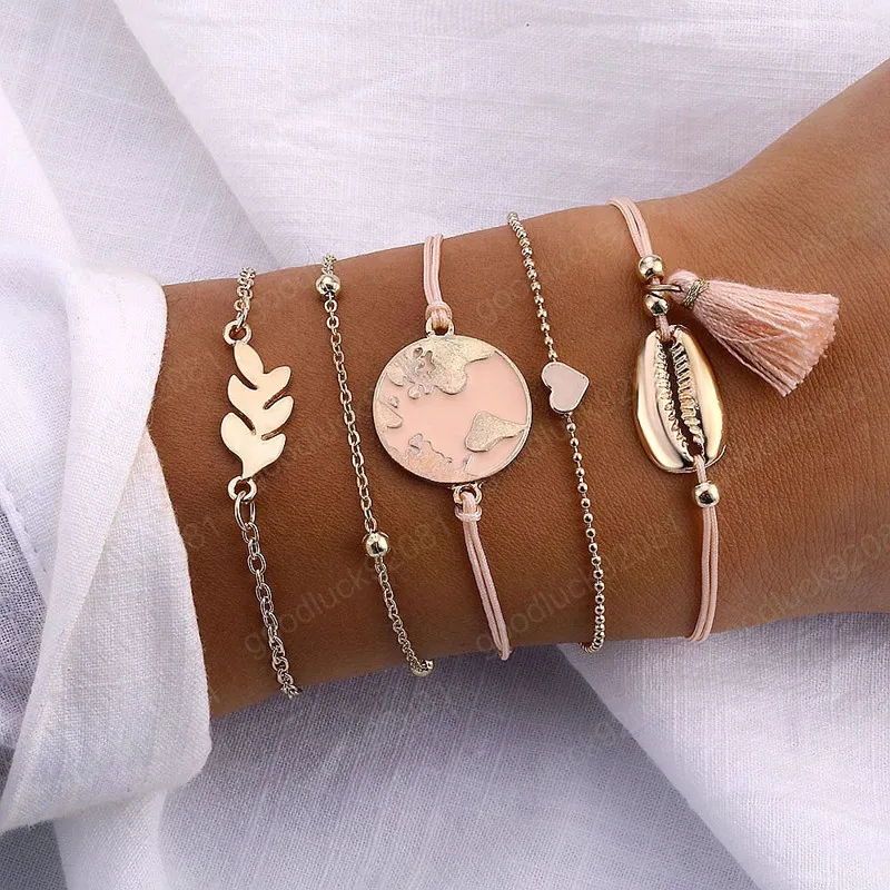 5 pièces/ensemble bohème coquille Bracelet terre amour feuille gland bracelets porte-bonheur ensemble femmes multicouche chaîne corde Bracelet bijoux