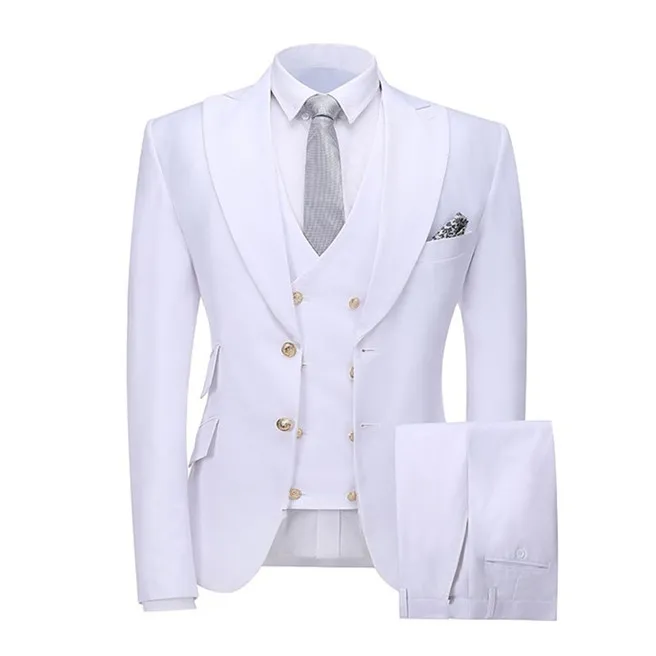 Heißer Verkauf Groomsmen spitze Revers Bräutigam Smoking Weiß Männer Anzüge Hochzeit/Abschlussball/Abendessen Trauzeuge Blazer (Jacke + Hose + Krawatte + Weste) K735