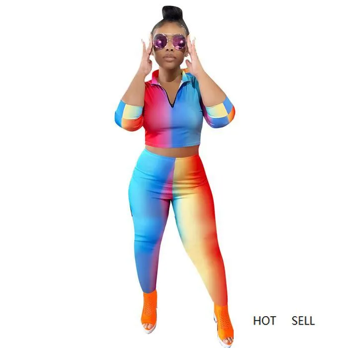 Rainbow Striped Rainbow Tracksuit Ladies Set Autumn V Neck Short T