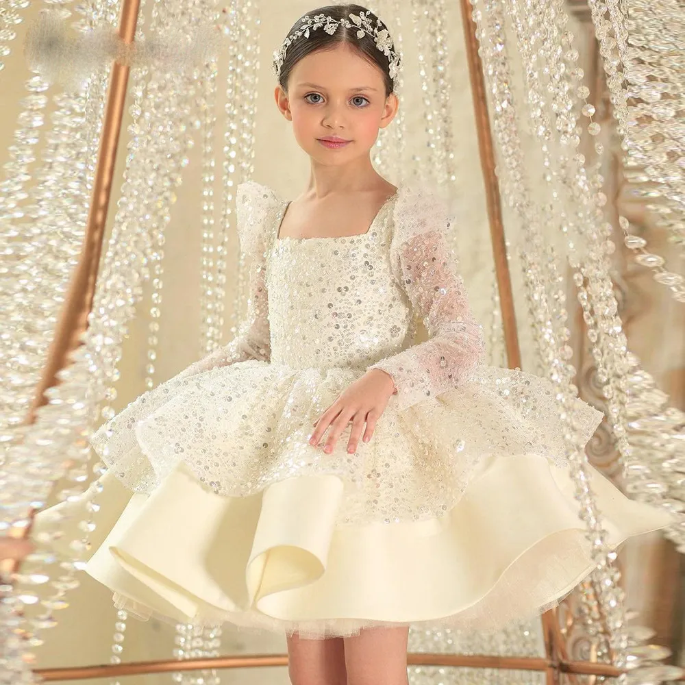 Abiti da ragazza di fiori con paillettes bianchi glitterati Maniche lunghe Compleanno Invitato a un matrimonio Robe De Demoiselle Comunione da principessa