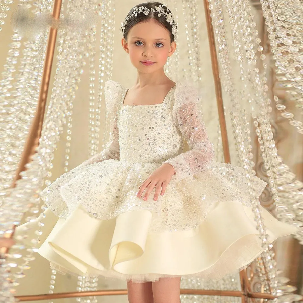 Glitter White Cequine Flower Girl Sukienki Długie rękawy Urodzinowy gość gościa de demoiselle księżniczka Komunia