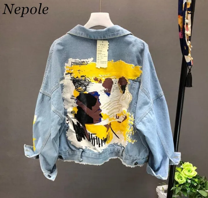 Neploe handmålade mönster Chic Coat Letters Print Cool Girl Denim Jacka Vår Höst Fashion Fickor BF Outwear 69604 201023