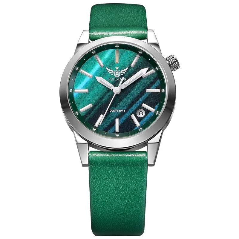 손목 시계 Yelang 여성 Tritium Watch Ladies Quartz Watches T100 고급스러운 빛나는 숙녀 손목 시계 100m 방수 사파이어 가죽 스트랩