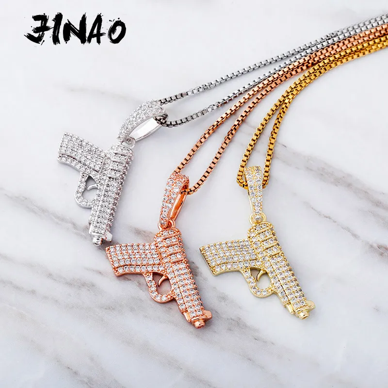 Jinao Nieuwe Hip Hop Sieraden HangerNecklace Glinsterende Pistool Hanger Ice Out Zirkoon Ketting Fashion Charm Gift Q0531