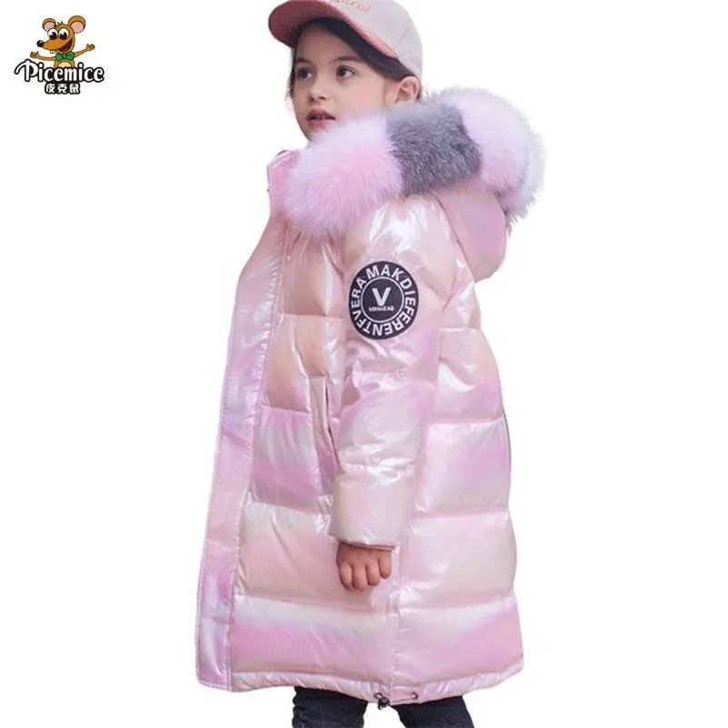 Moda para baixo jaqueta para menina quente criança parka real colar de pele colorido engrossar Outerwear roupas de inverno adolescente 5-16 anos yrs snowsuit lj201017