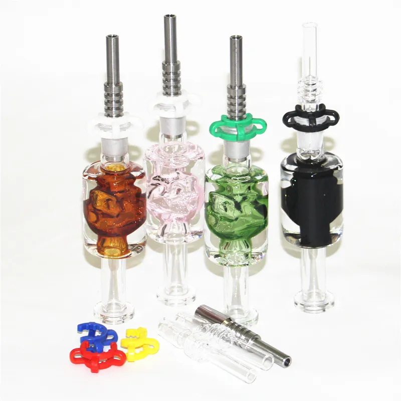 Hookahs 14mm Joint Mini Nectar Micro Kits Glass Smoking Dab Straw Pipes With stainless steel and Quartz Tips