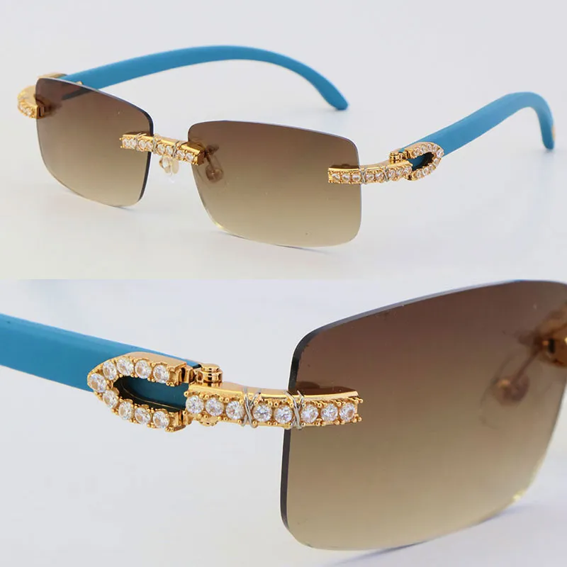 New Luxury Big Stones Diamond Set Rimless Sunglasses Wood Glasses Men Famous UV400 Lens Male and Female Wooden Sun Glasses Womans Eyeglasses 18K Gold Frames Size:57