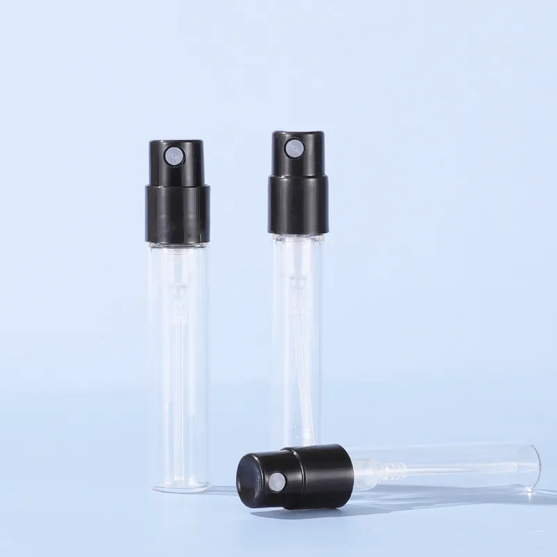 Tom 1,8 ml 2,5 ml Pocket Parfym Provflaska Mini Glassprayflaskor med svart atomiserare