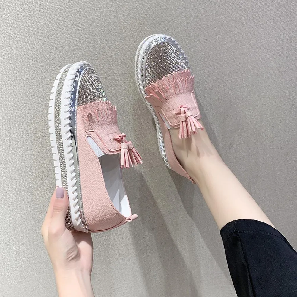 Frauen Schuhe Quaste Kristall Slip Auf Flache Müßiggänger Reißverschluss Geprägtes Leder Damen Herbst Glitter Plattform Mode Weibliche Mokassins X1020