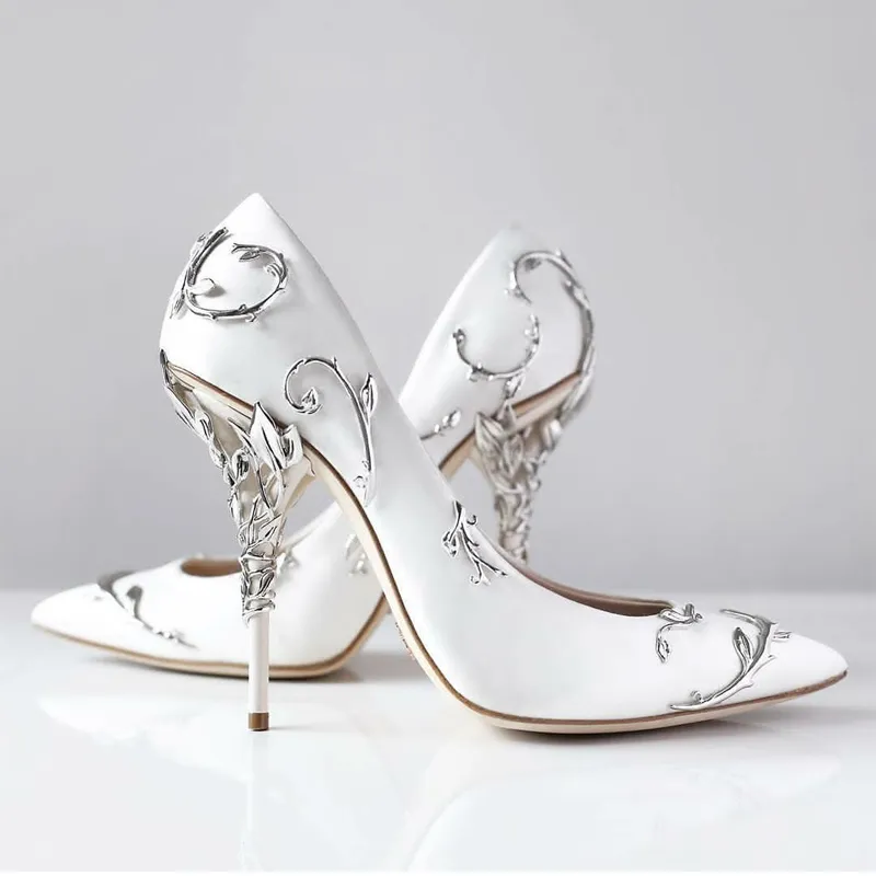 2021 ファッション結婚式の靴ピンクブルーブライダルポインテッドエデンパンプス女性ハイヒール 9 センチメートル葉の靴イブニングカクテルプロムパーティー