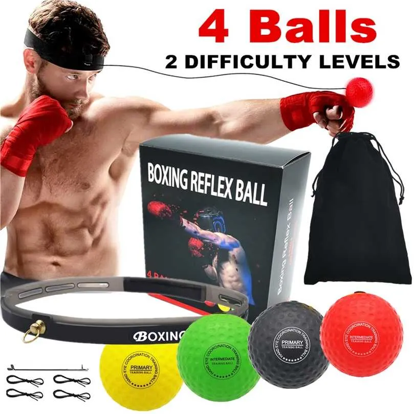 4 Boxe Reflex Ball Set 2 Dificuldade Nível com Headband de Silicone para MMA Perfuração Speed ​​Fight Habilidade Reação Agilidade 211229