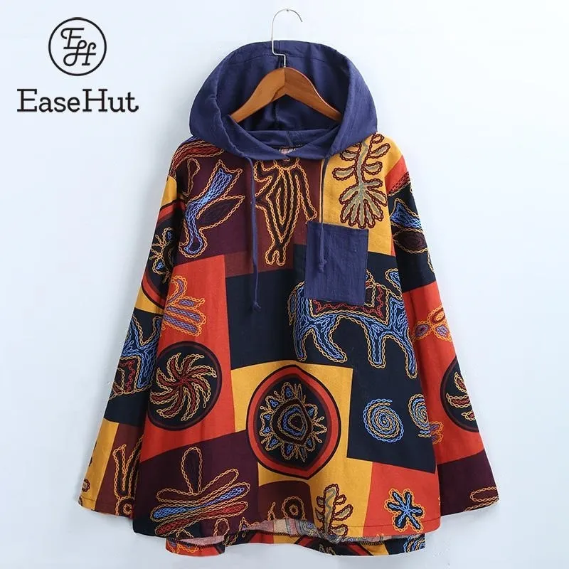 EaseHut Women Vintage Hooded Hoodies Ethnic Printed Cotton Linen Pullover Tops Long Sleeve Drawstring Pocket Top Plus Size 5XL 201031