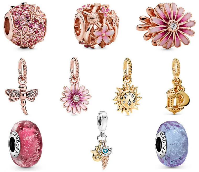 Hakiki 925 Ayar Gümüş Fit Pandora Bilezik Charms Pembe Papatya Charm Koleksiyonu Fener Kolye Boncuk DIY Boncuk Charms Için Aşk Kalp Mavi Crysta Charm