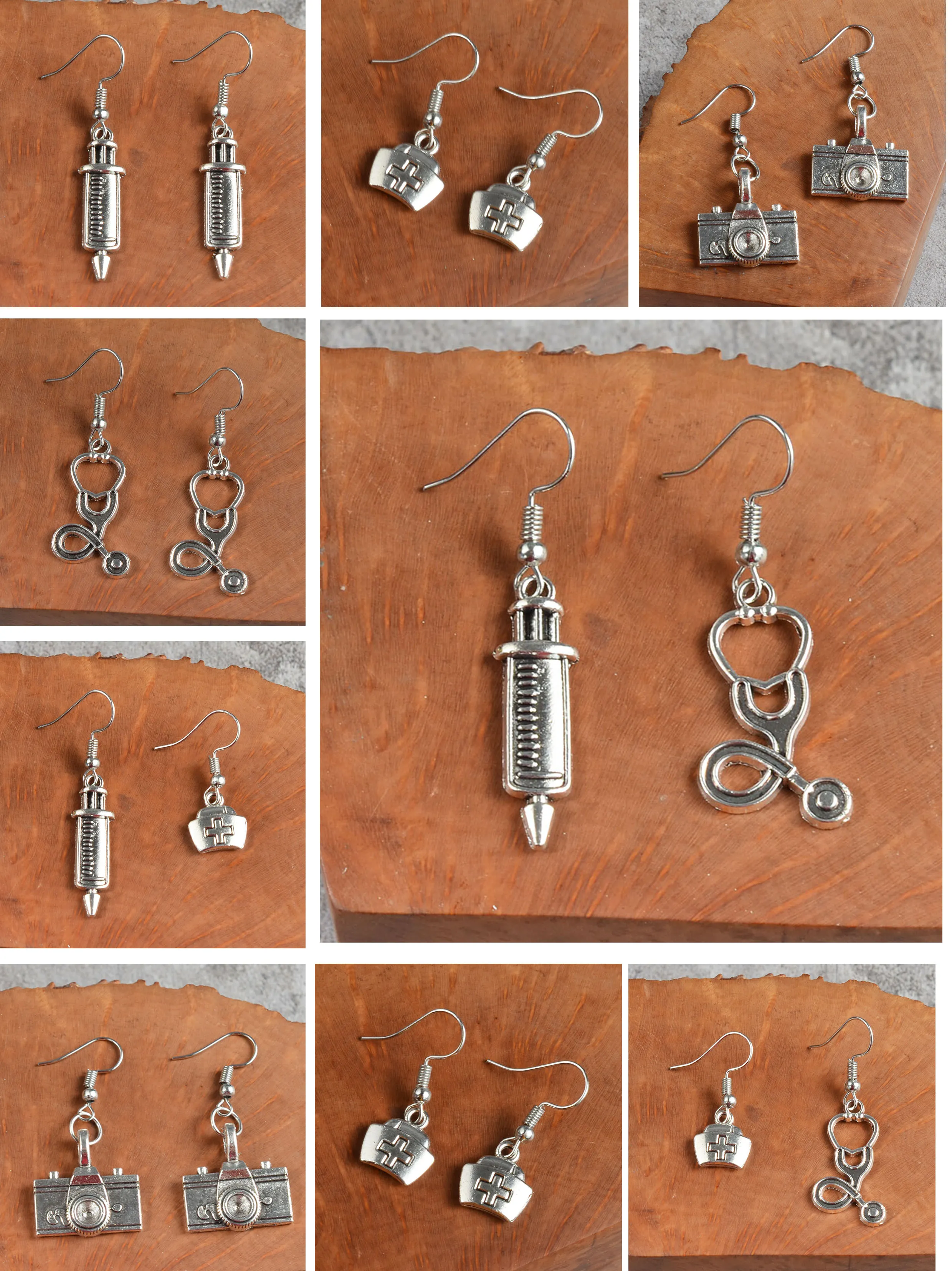 Boucles d'oreilles stéthoscope carrées en alliage faites à la main, en argent, appareil photo pour dames, chapeau d'infirmière, bijoux ami comme cadeau, vente en gros, offre spéciale