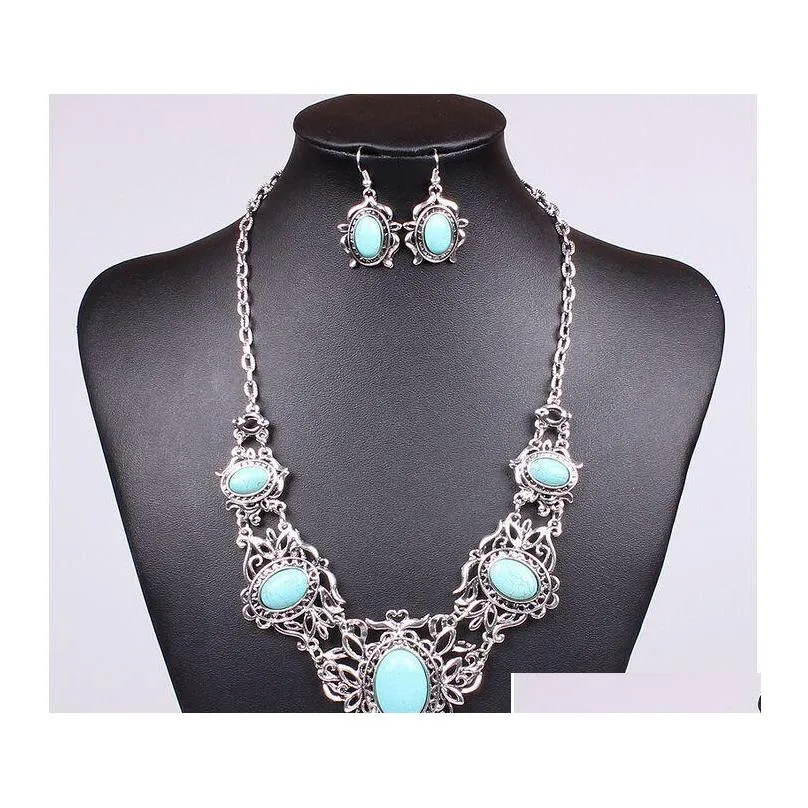 fashion vintage necklace set antique silver turquoise jewelry set dangle earrings classic pendant design fine jewelry sets