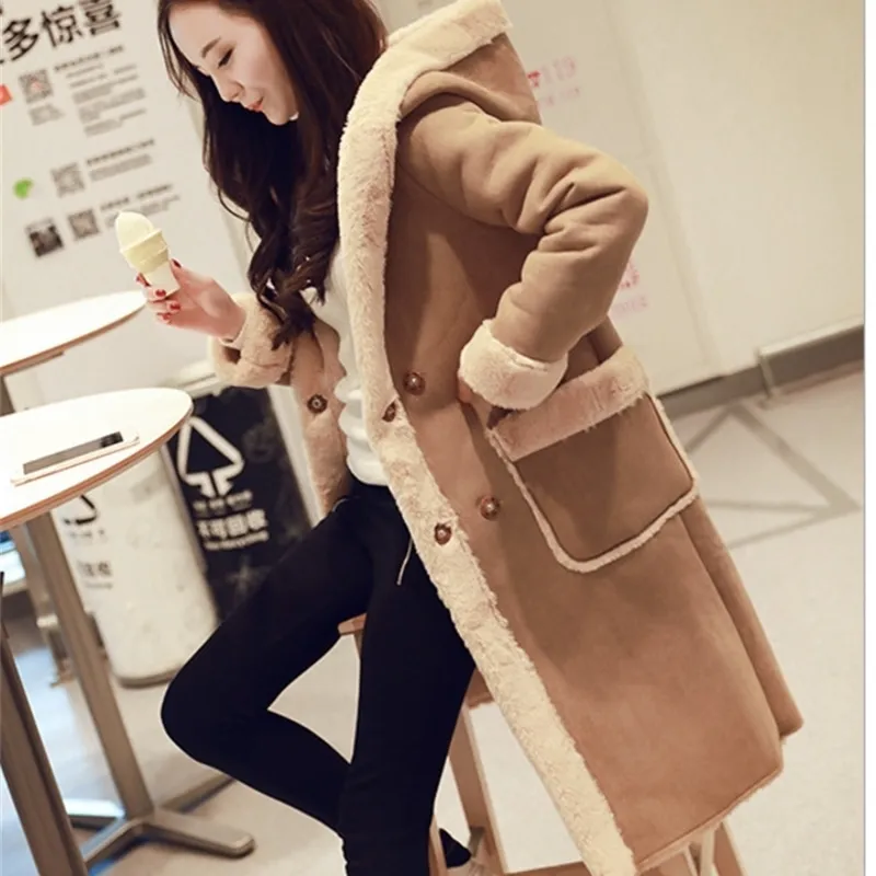 Premium Long Suede Leather Jacket - Women's Hooded Faux Fur