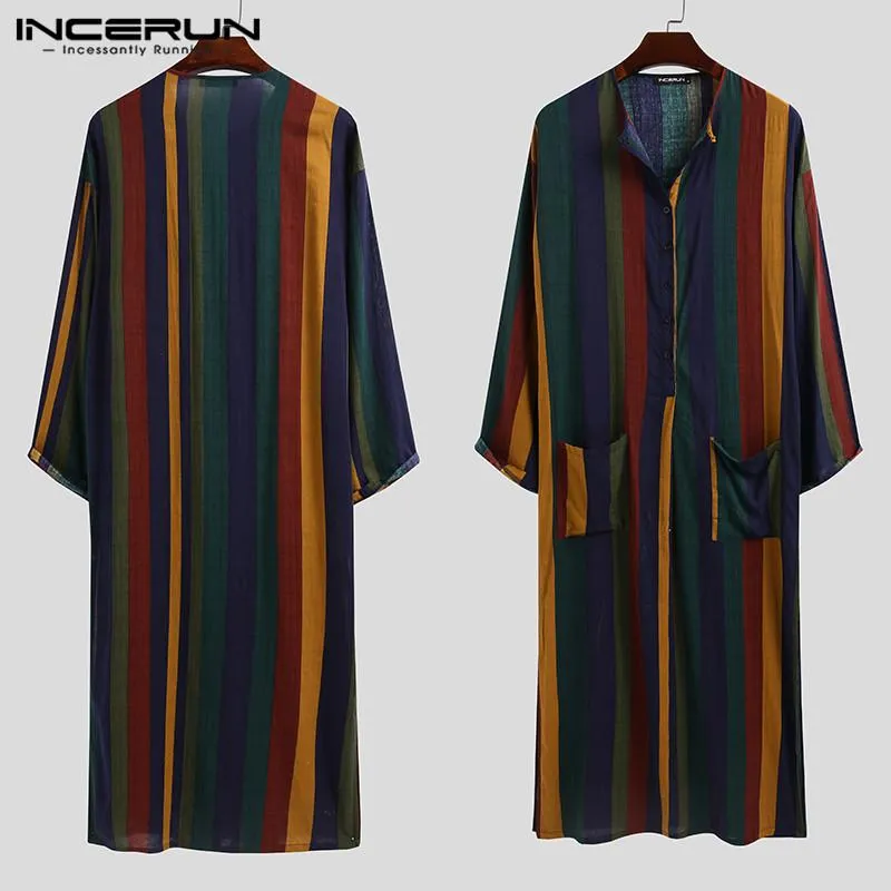 Etnik Giyim İncerun Erkekler Robe Vintage Çizgili Uzun Kollu Müslüman Kaftan O Boyun Düğmeleri Jubba Thobe Cepler Dubai Arapça