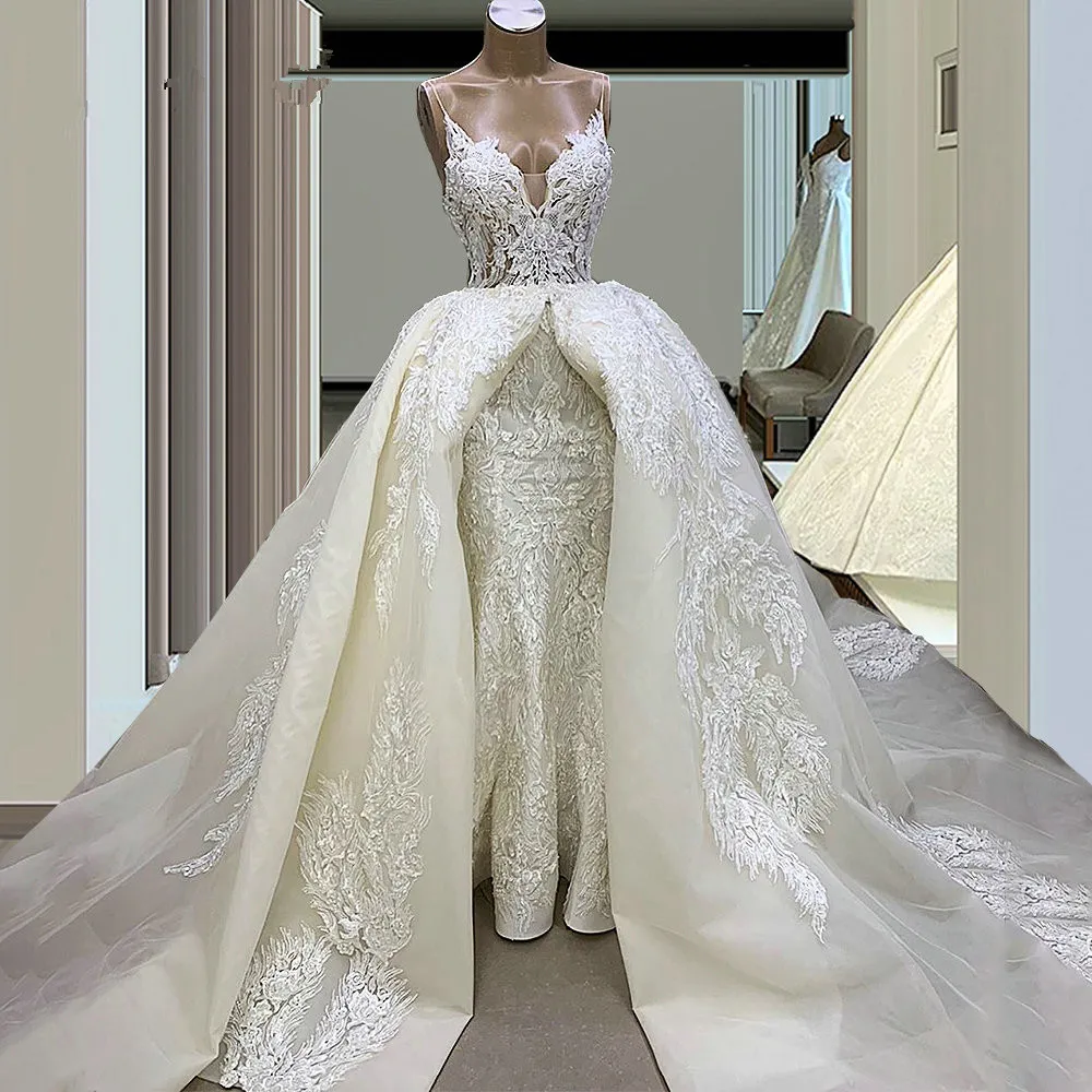 Mermaid Sexy Ivory Lace Wedding Dresses with Detachable Long Train Applique Deep V Neck Bridal Gowns