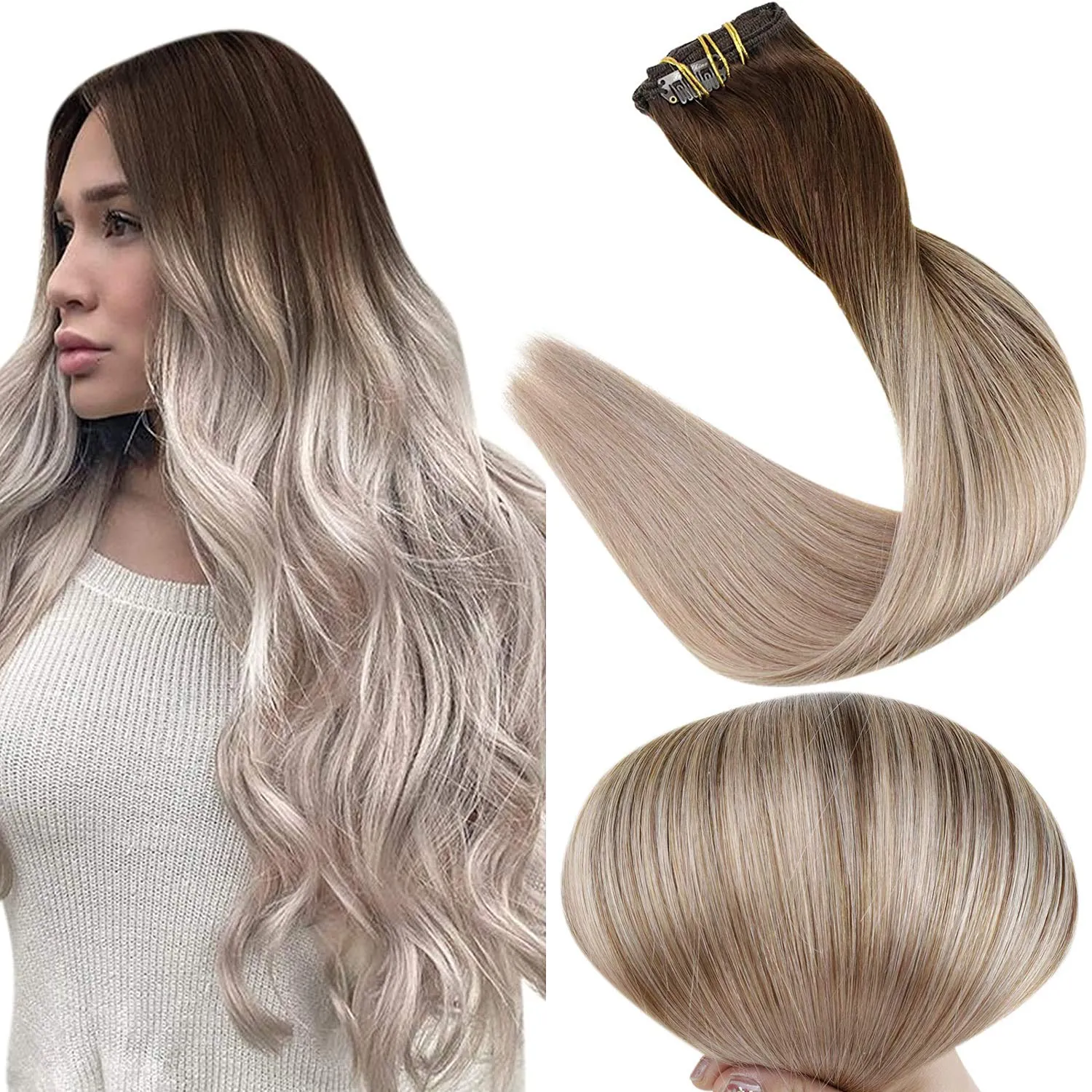 10A Grade Balayage Clip i hårförlängningar Mörk Borwn Fading till Ash Blonde Ombre Clip In Human Hair Extension 120g / 8pcs