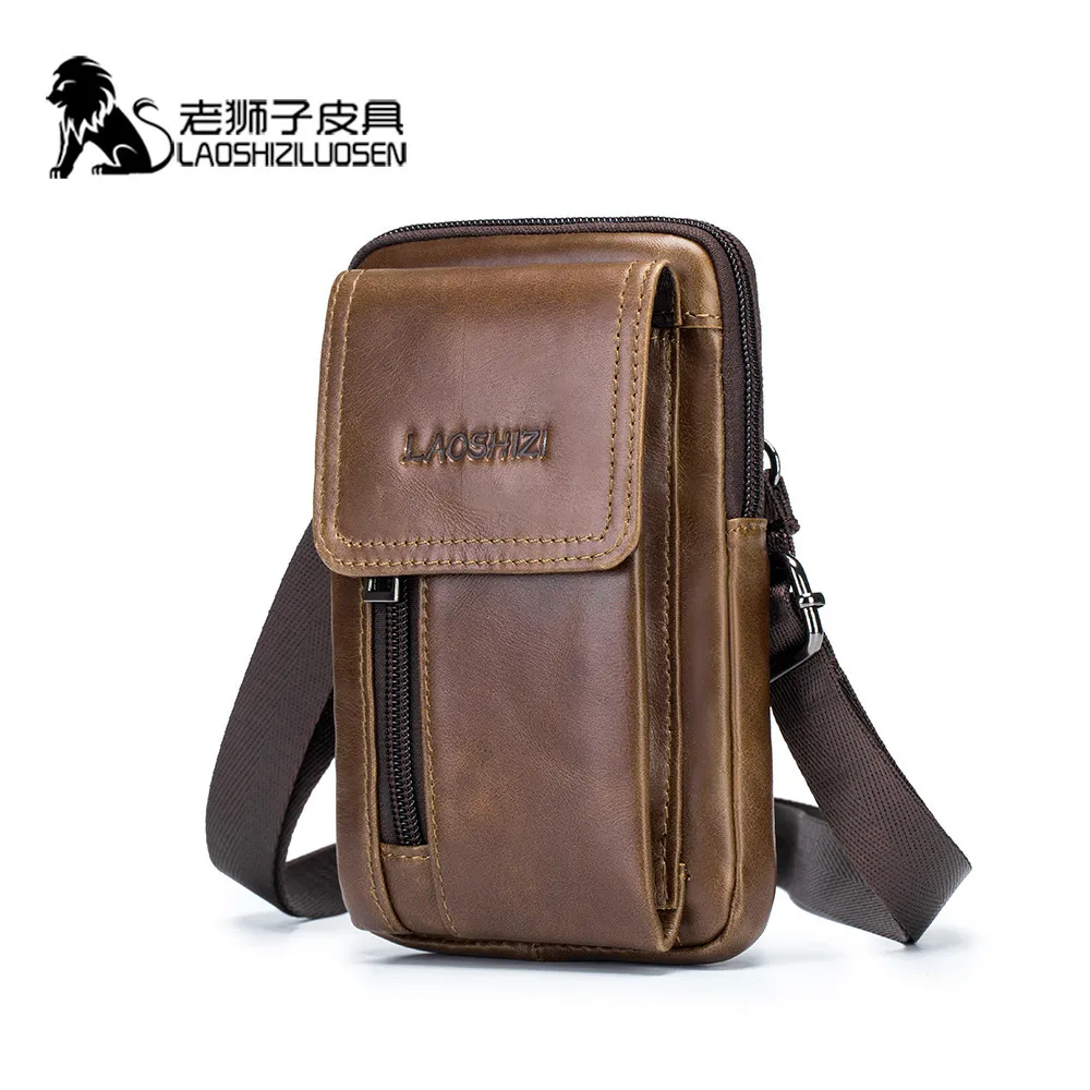 LAOSHIZI brand Men Genuine Leather Waist Pack Bag Mini Phone Pockets Case Coin Purse Male Money Bags Shoulder Messenger Bag LJ200930