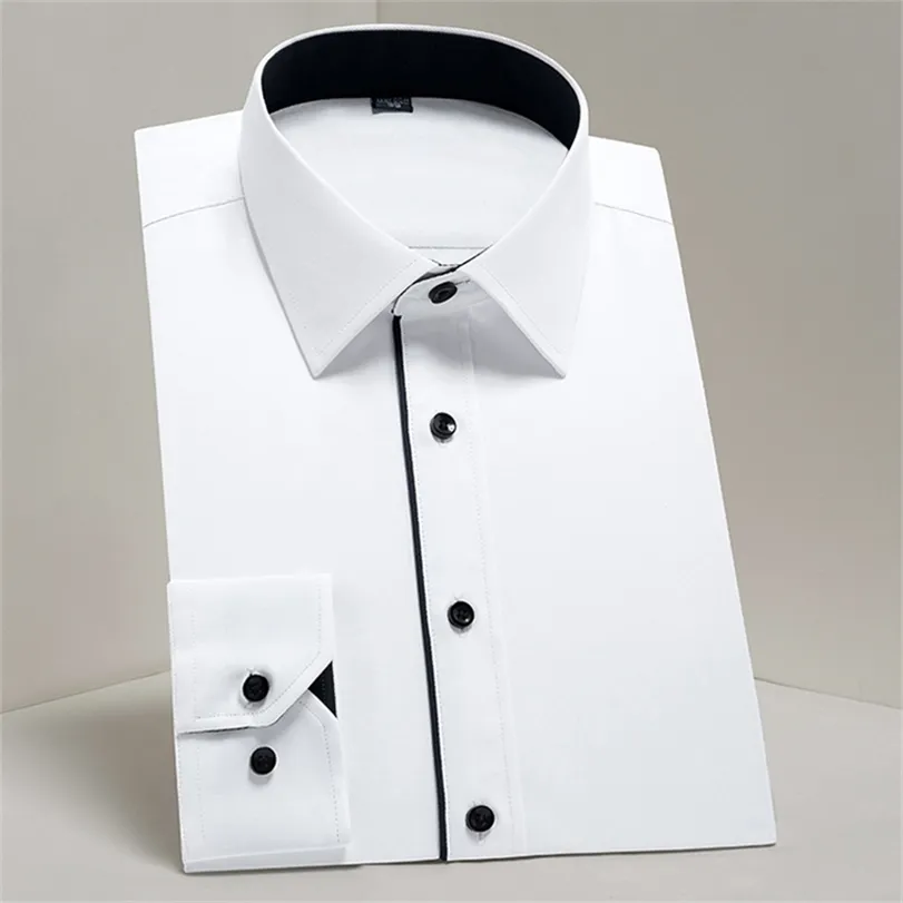 Mäns Klassisk Kontrast Stitching Front Placket Dress Shirts Without Pocket Långärmad Business Standard-Fit Social Office Shirt 220309