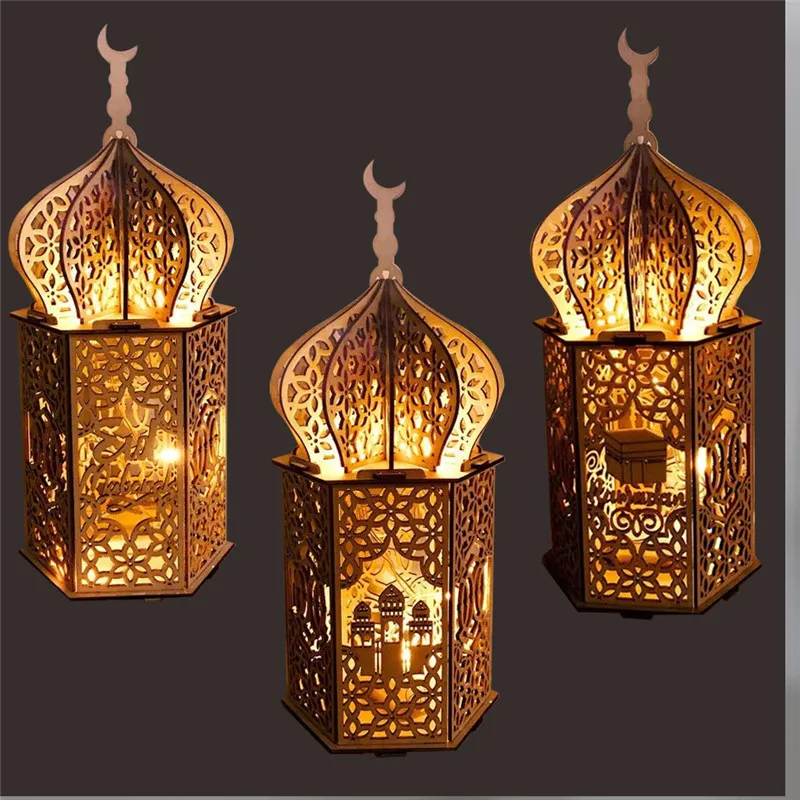 Islam Ramadan Wooden Craft Decoration DIY Wooden Lighthouse Palace Ornaments Mubarak Eid Party Table Top Decorations