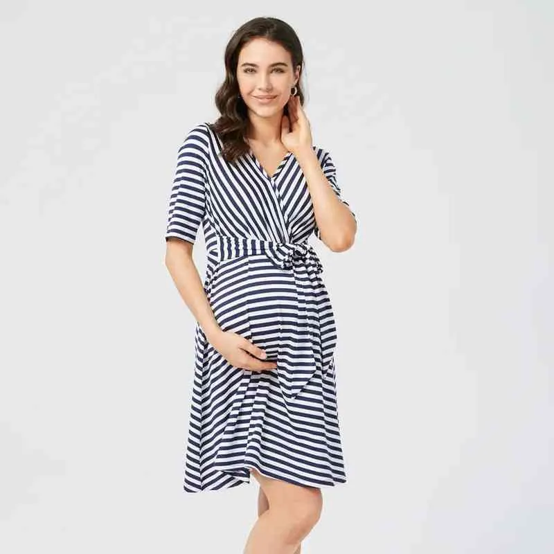 Sommar randig mode moderskap klänning sjuksköterska klänning elegant söt omvårdnad kläder amning graviditet ammande kläder g220309