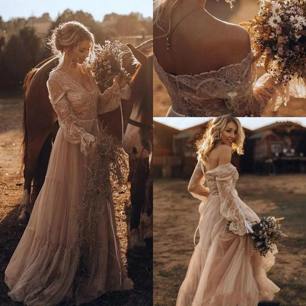 Vintage Off Shoulder A Line Dress Bride With Lace Appliques And