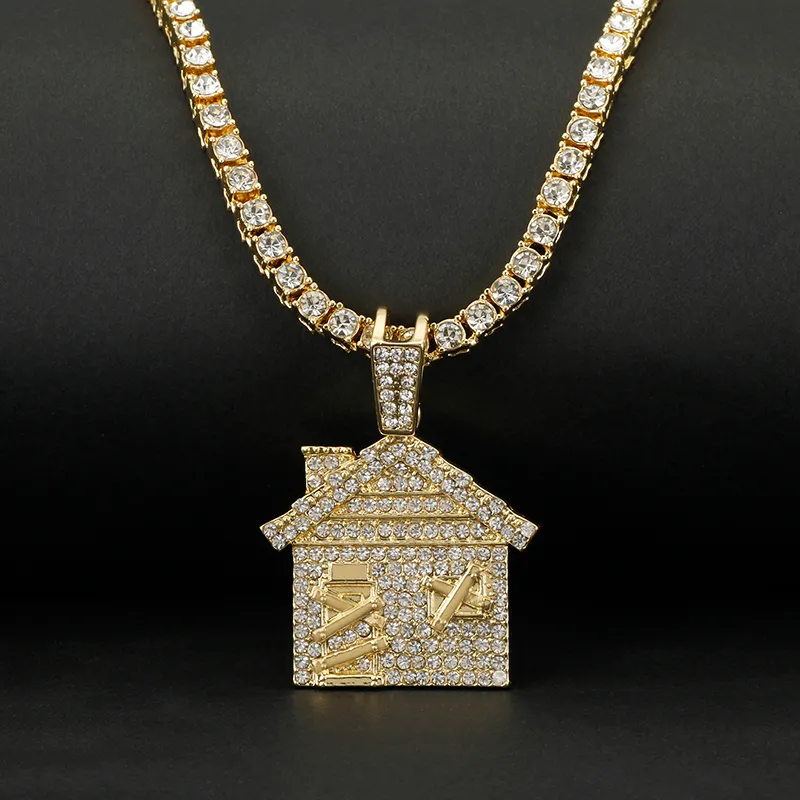 Hip Hop Bando Trap House Necklace Men Bling Savage Pendant Necklace With Tennis Chain Female Ice Out Link Chain Jewelry C0219