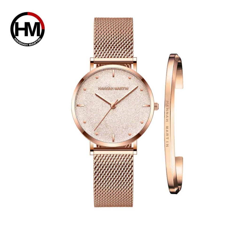 Dropship Japan Quartz Creative Design Impaterproof Rose Gold en acier inoxydable Mesh 1 set Bracelet Ladies Watches Relogio Feminino 201114