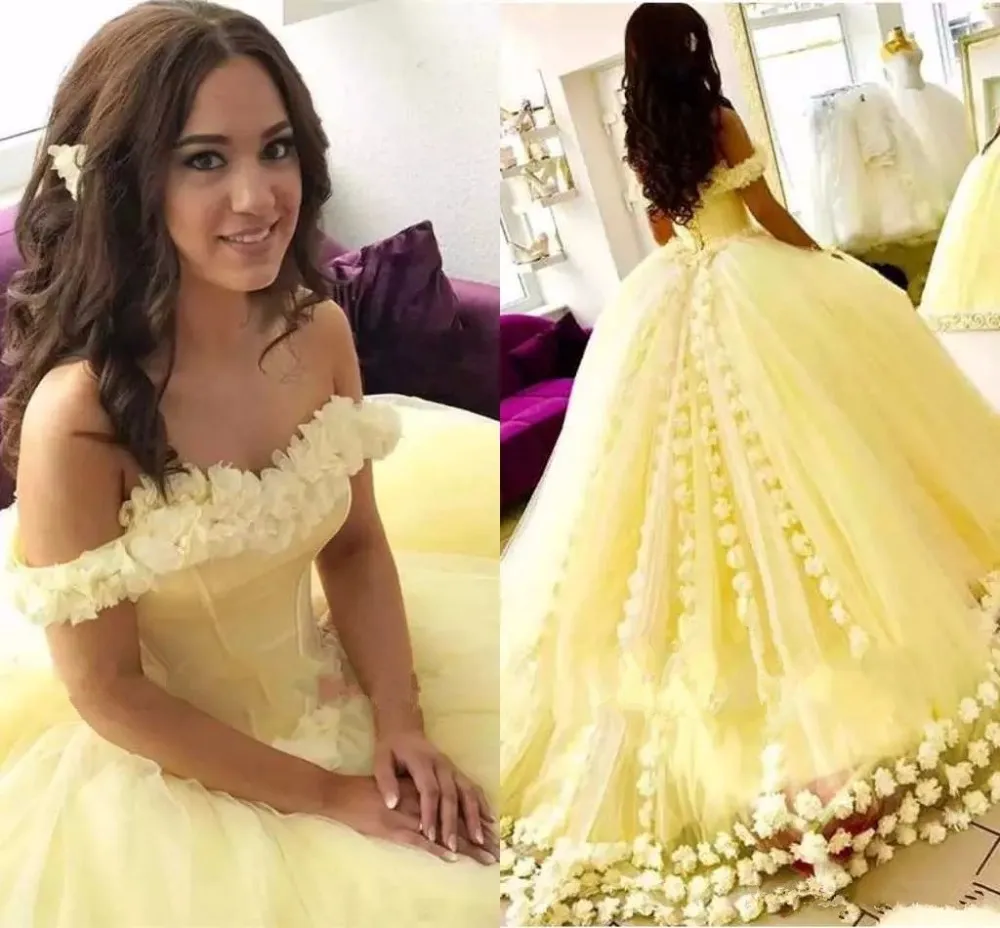 Nuovi abiti da principessa giallo abito da ballo quinceanera con fiori fatti a mano appliques spalle scoperte brithday abiti da ballo di fine anno dolce 15 16 vestito