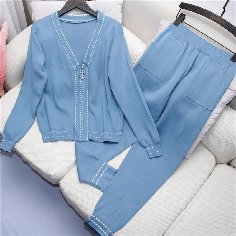 Women Casual Tracksuit Knitted Coat and Long Pants Suit 2019 Autumn New V-collar Zipper Up Cardigans +Trousers 2pcs Set Female T200702