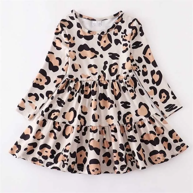 Girlymax baby meisjes chlidren kids kleding melk zijde luipaard ruches twirl jurk knielengte lange mouw 211231