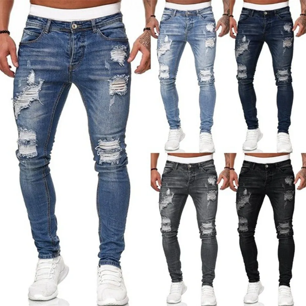 Nouveaux pantalons pour hommes européens et américains avec des trous dans un pantalon en jean slim blanc à la mode pour les pieds en détresse