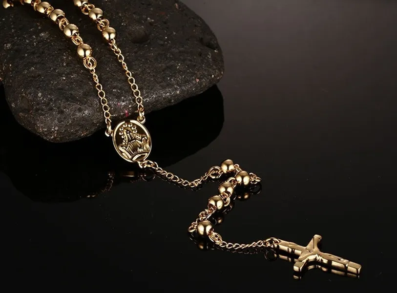 Mode Lång radbandspärlor kedja Herrberlock Jesus Halsband hängen rostfritt stål herrsmycken,Silver/Guld/Roseguldpläterad färg