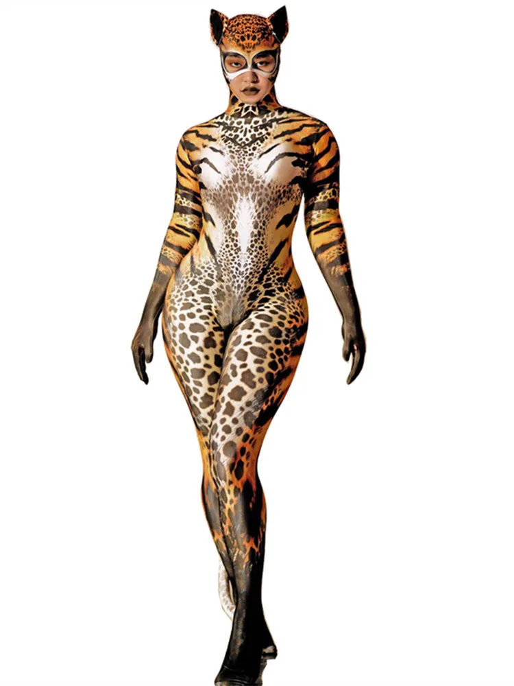 Adult Women Cat Role Playing Costume Print Skinny Bodysuit Jumpsuit Halloween Cosplay Costume Nightclub Club Party Stage Performance Tight Performance Leotard