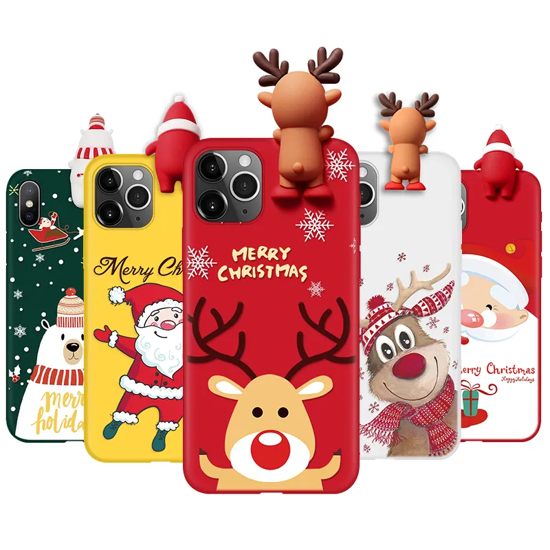 Silicone Cell Phone Fodral med 3D Santa Claus Doll Pattern Anti-Scratch Shock Proof soft Bumper Cover för iPhone 11 12 13 Pro Max X 6 6S 7 8 Plus XR XSMAX Nyår