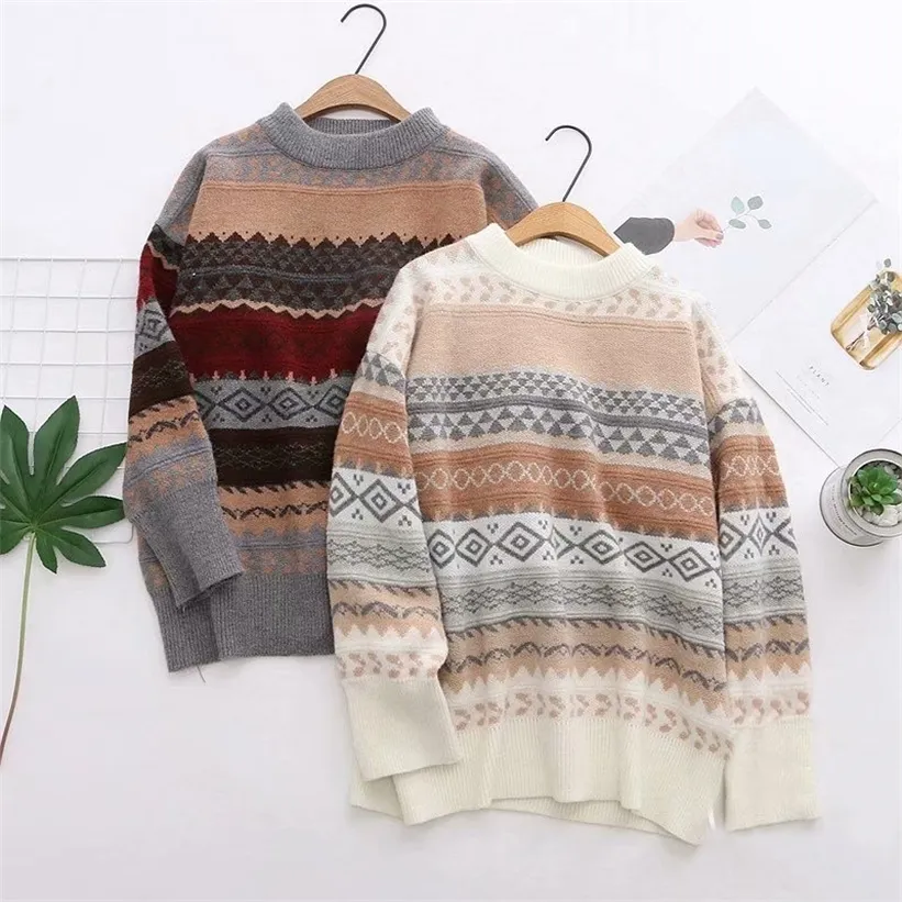 OUMENGKA Harajuku Vintage GEOMETRIC Pattern Women Loose Sweaters Korean Casual O Neck Long Sleeve Pullovers Basic Preppy Mujer 201222 OUMENGKA Harajuku Vintage GEOMETRIC Pattern Women Loose Sweaters Korean Casual O Neck Long Sleeve Pullovers Basic Preppy Mujer 201222