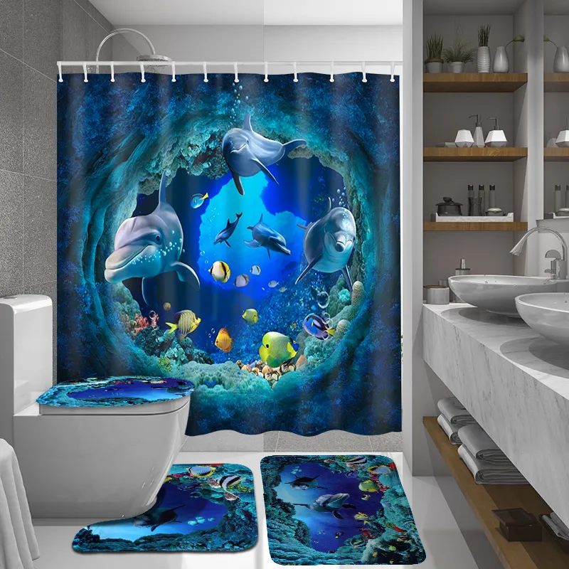 Ocean Dolphin Deep Sea Poliestere Tenda da doccia Bagno Impermeabile con 10 ganci Piedistallo Tappeto Coperchio Copriwater Tappetino da bagno Set T200711