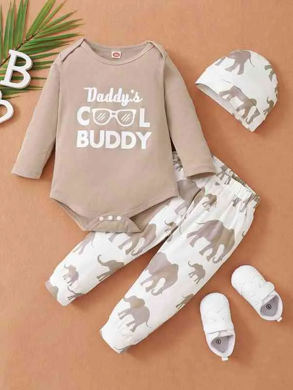 Baby-Slogan-Grafik-Bodysuit, Elefanten-Print, Jogginghose, Mütze, SIE