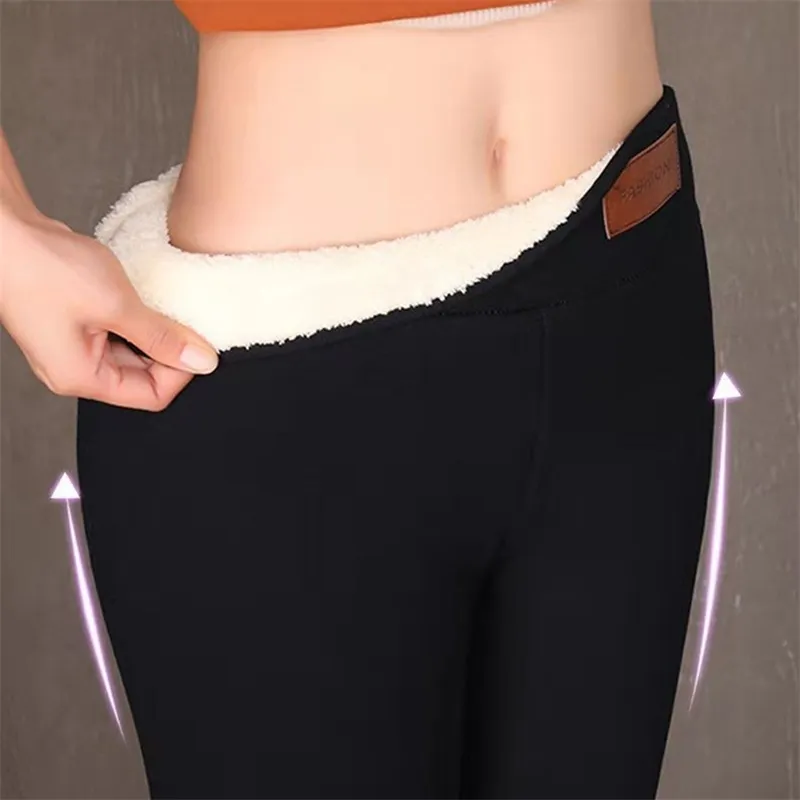 2019 schwarz Warme Hosen Winter Dünne Dicke Samt Wolle Fleece Mädchen Leggings Frauen Hosen Lammfell Kaschmir Leggings HX1021 T200104