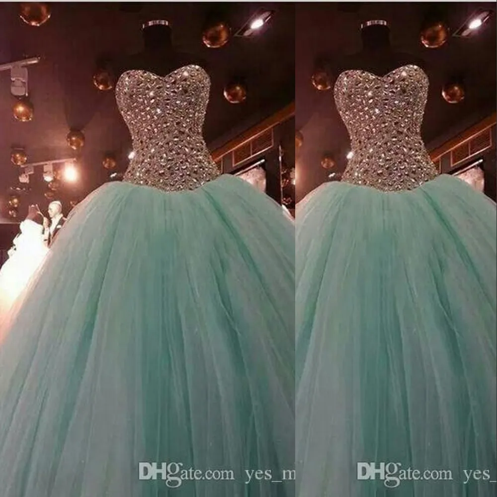 Vintage Bling Quinceanera Jurken Baljurk Sweetheart Crystal Kralen Mint Groen Glitter Lange Vloer Lengte Zoete 15 Party Prom Avondjurken